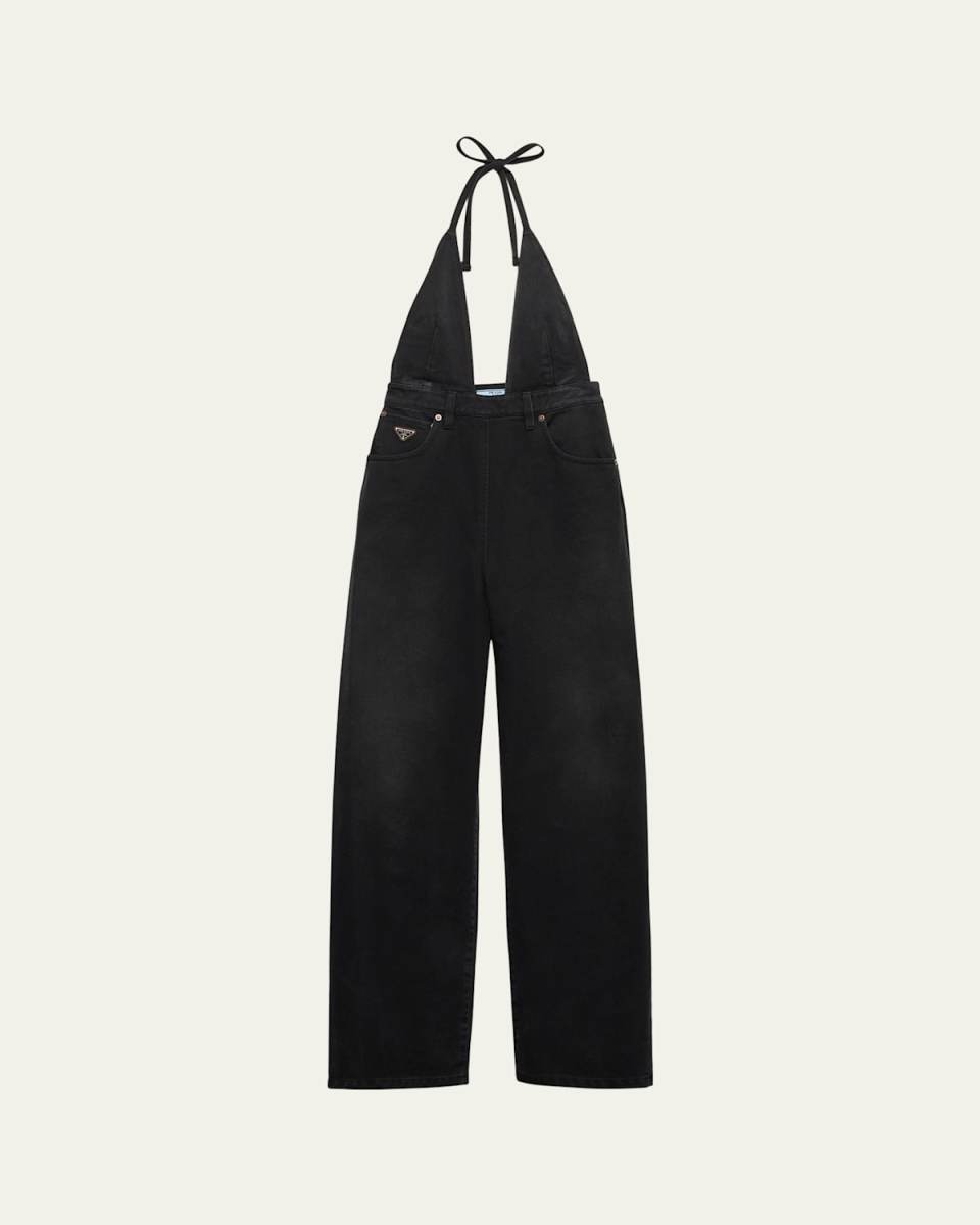 Halter Straight Leg Denim Jumpsuit